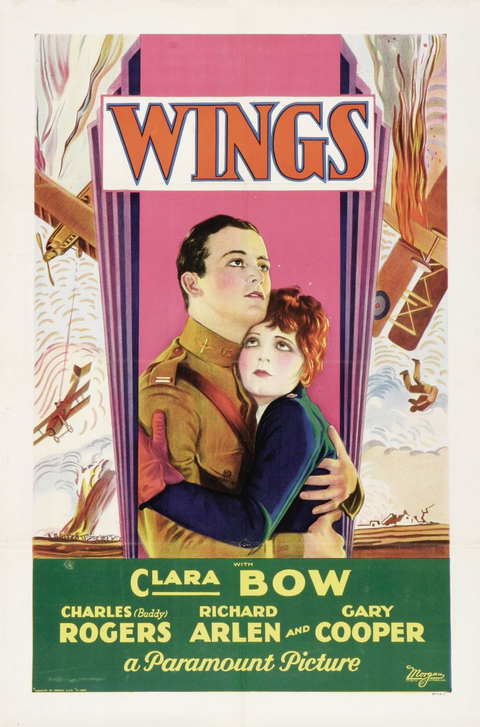 The 1927 Paramount one-sheet for Wings: a pilot embracing a woman in front of falling biplanes, the title in a box above and the cast names on a green band below