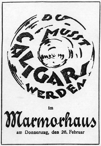 A 1920 German poster in hand-cut lettering reading Du musst Caligari werden, the words circling a swirl, with Marmorhaus and a February date below